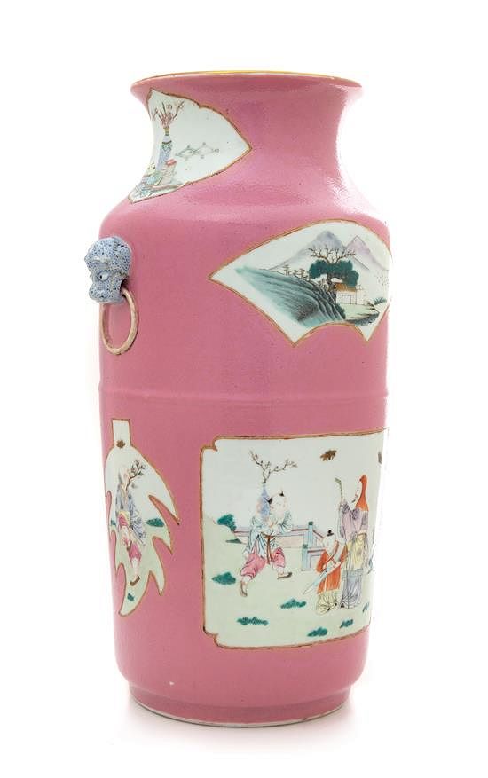 Appraisal: A Pink Ground Famille Rose Porcelain Vase Height inches A