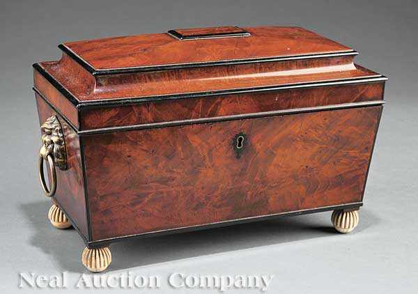 Appraisal: A Regency Brass-Mounted Carved and Ebonized Mahogany Tea Caddy early