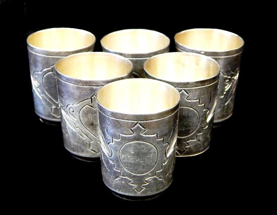 Appraisal: Six late th C Russian engraved silver shot glasses from