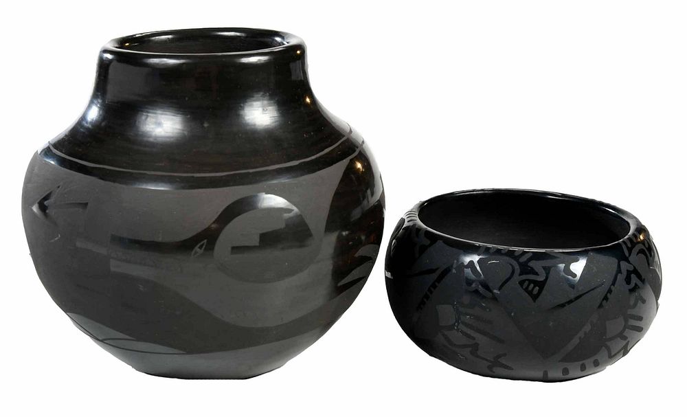 Appraisal: Two Signed Santa Clara Blackware Pots small black on black