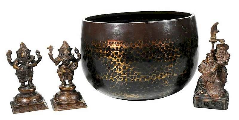 Appraisal: Four Bronze Objects Singing Bowl and Figurines comprising two Chinese