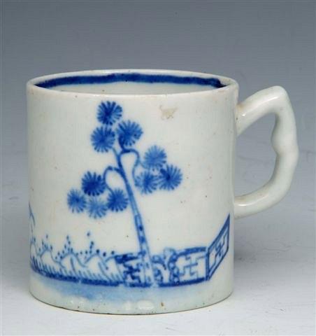 Appraisal: AN EARLY 'BOW BLUE' COFFEE CAN painted with 'Banana Tree'