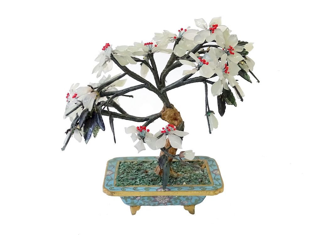 Appraisal: CHINESE FLOWERING HARDSTONE TREE CLOISONNE Chinese jade and hardstone tree