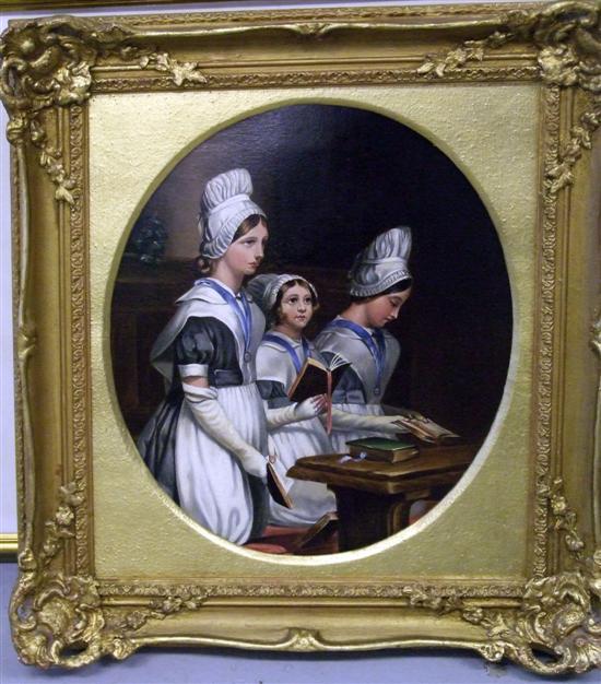 Appraisal: th century Belgian school three nurses studying unsigned oil on