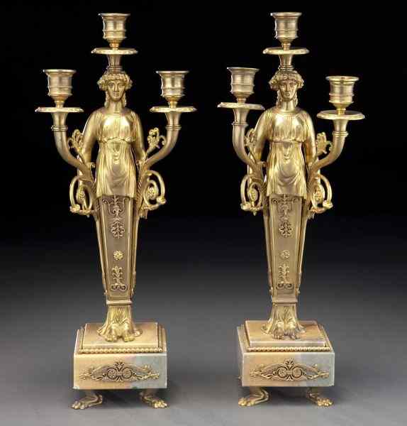 Appraisal: Pr Empire style gilt bronze -light candelabra the body formed