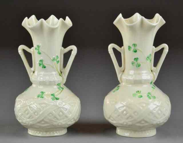 Appraisal: Pr Belleek Porcelain VasesEach with two harped shaped handles ruffled