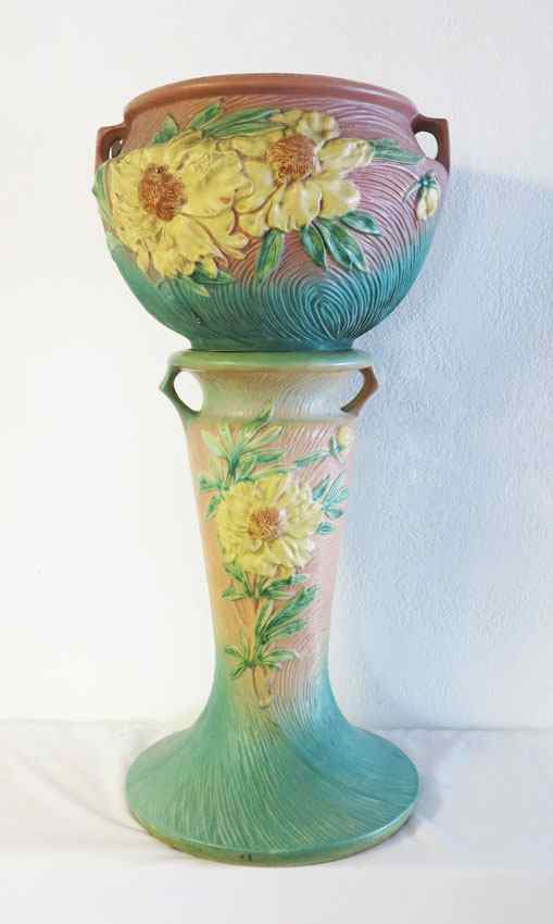 Appraisal: ROSEVILLE PEONY JARDINIERE PEDESTAL To include jardiniere - '' ''