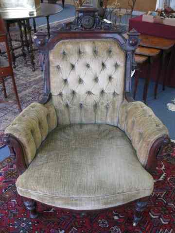 Appraisal: th Century Parlor Chair medallion back carved tufted velvet circa