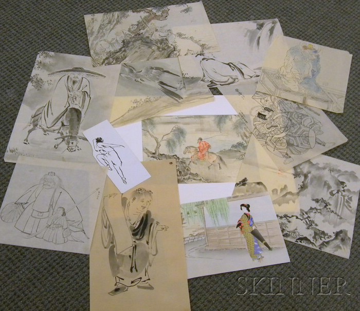 Appraisal: Twelve Unframed Asian Ink Paintings including a matted pen and