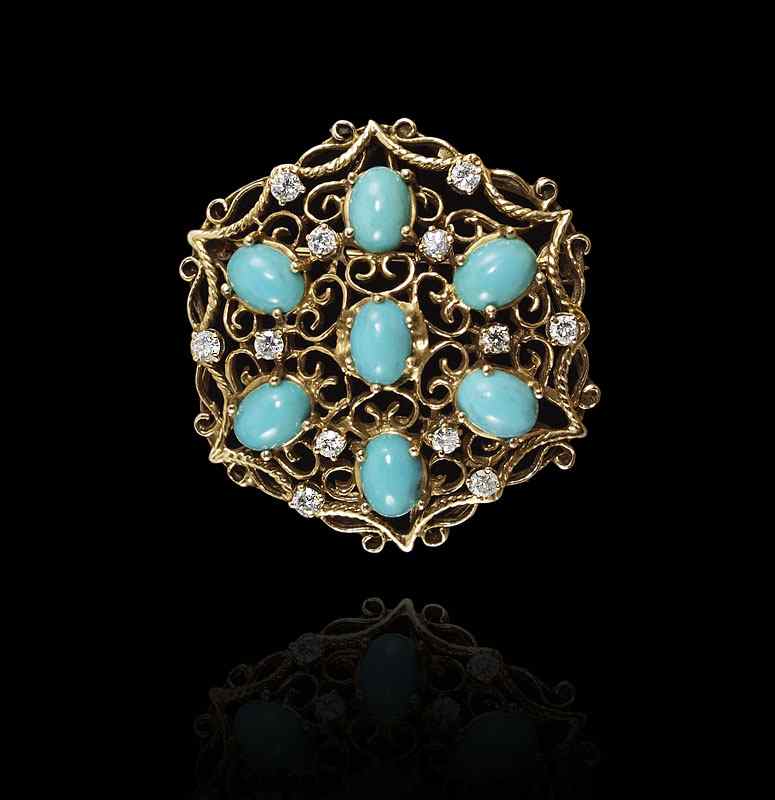 Appraisal: TURQUOISE DIAMOND FANCY SCROLL FILIGREE BROOCH PENDANT K yellow gold