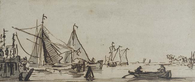 Appraisal: DUTCH SCHOOL TH-CENTURY Harbor Scene with Sailboats Pen and brown