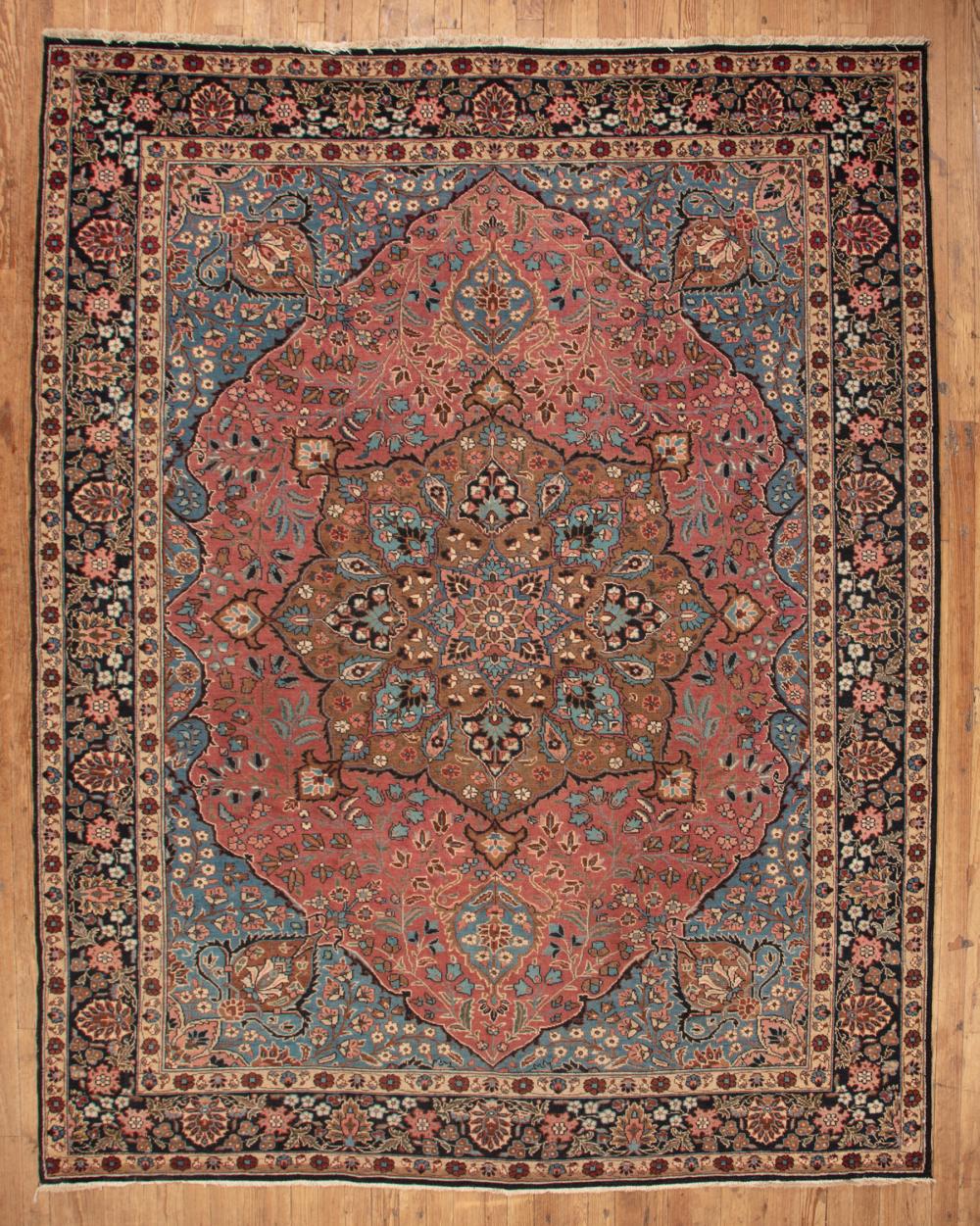 Appraisal: Persian Tabriz Carpet central medallion brown red and blue ground