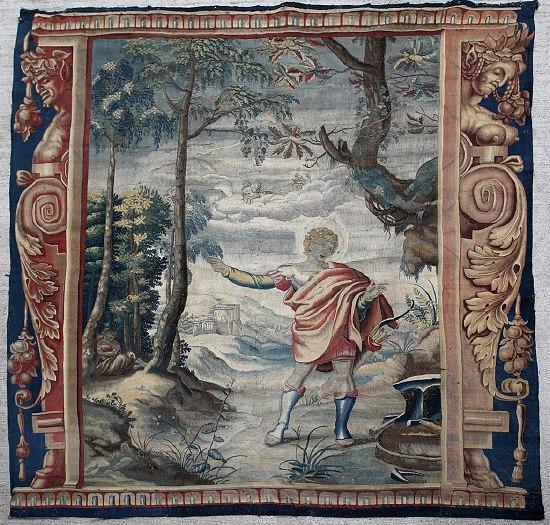 Appraisal: A th Century Flemish tapestry depicting St Adrian standing in