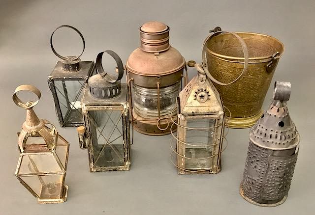 Appraisal: Grouping of Nautical Lanterns and Bucket Grouping of nautical items