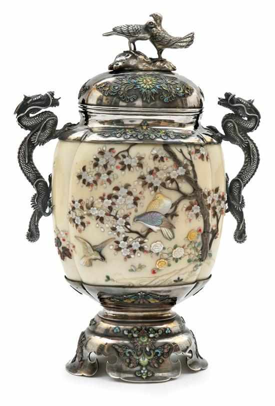 Appraisal: A Japanese silver mounted ivory shibayama urn with cover Meiji