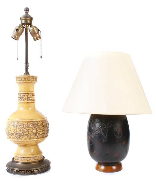 Appraisal: A pair of Chinese style glazed earthenware table lamps together