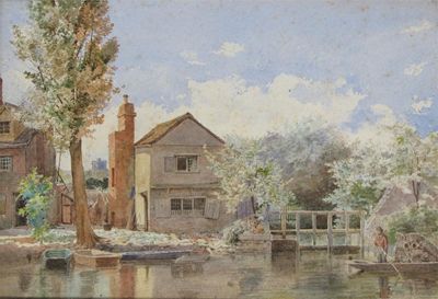 Appraisal: English School late th Century River scene in a village