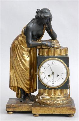 Appraisal: CONTINENTAL NEOCLASSICAL CARVED PAINTED AND PARCEL-GILT FIGURAL CLOCK The enamel