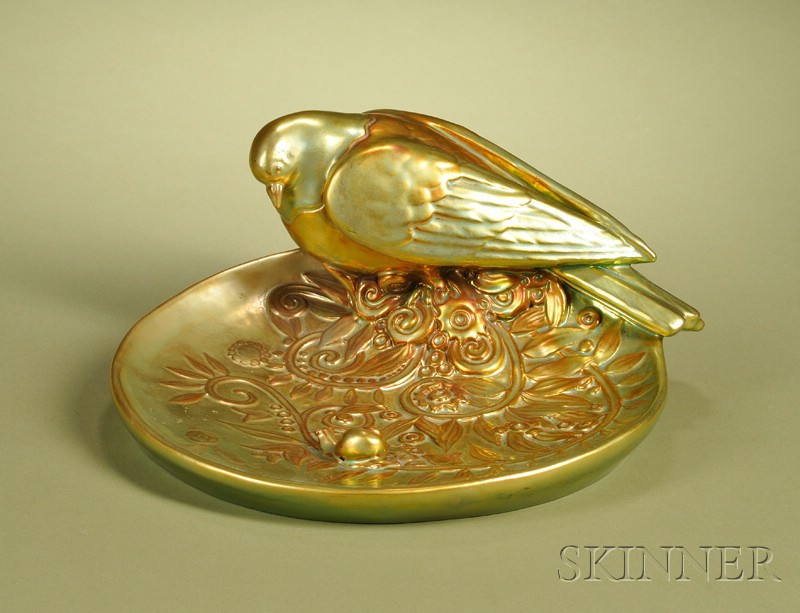 Appraisal: Zsolnay Gold and Green Eosin Glazed Figural Fruit Dish Hungary