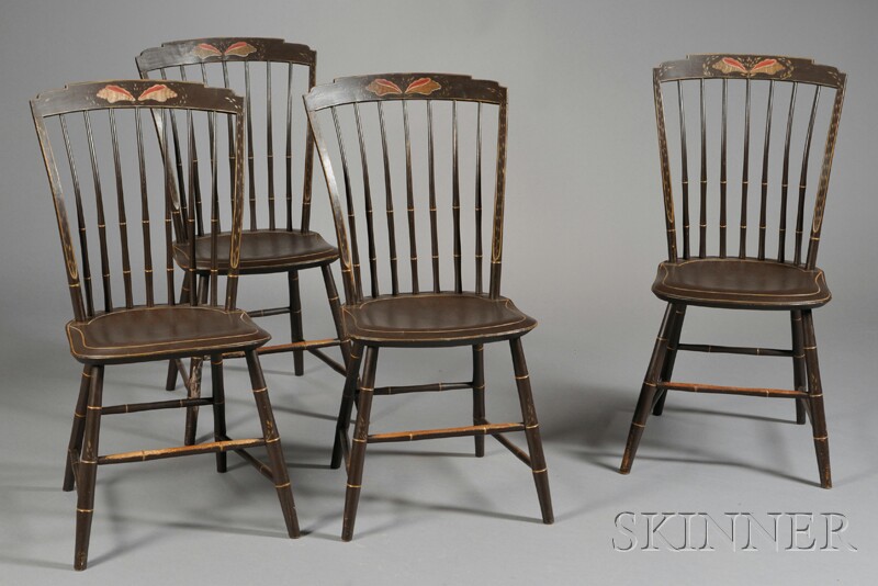 Appraisal: Set of Four Paint-decorated Step-down Windsor Side Chairs New England