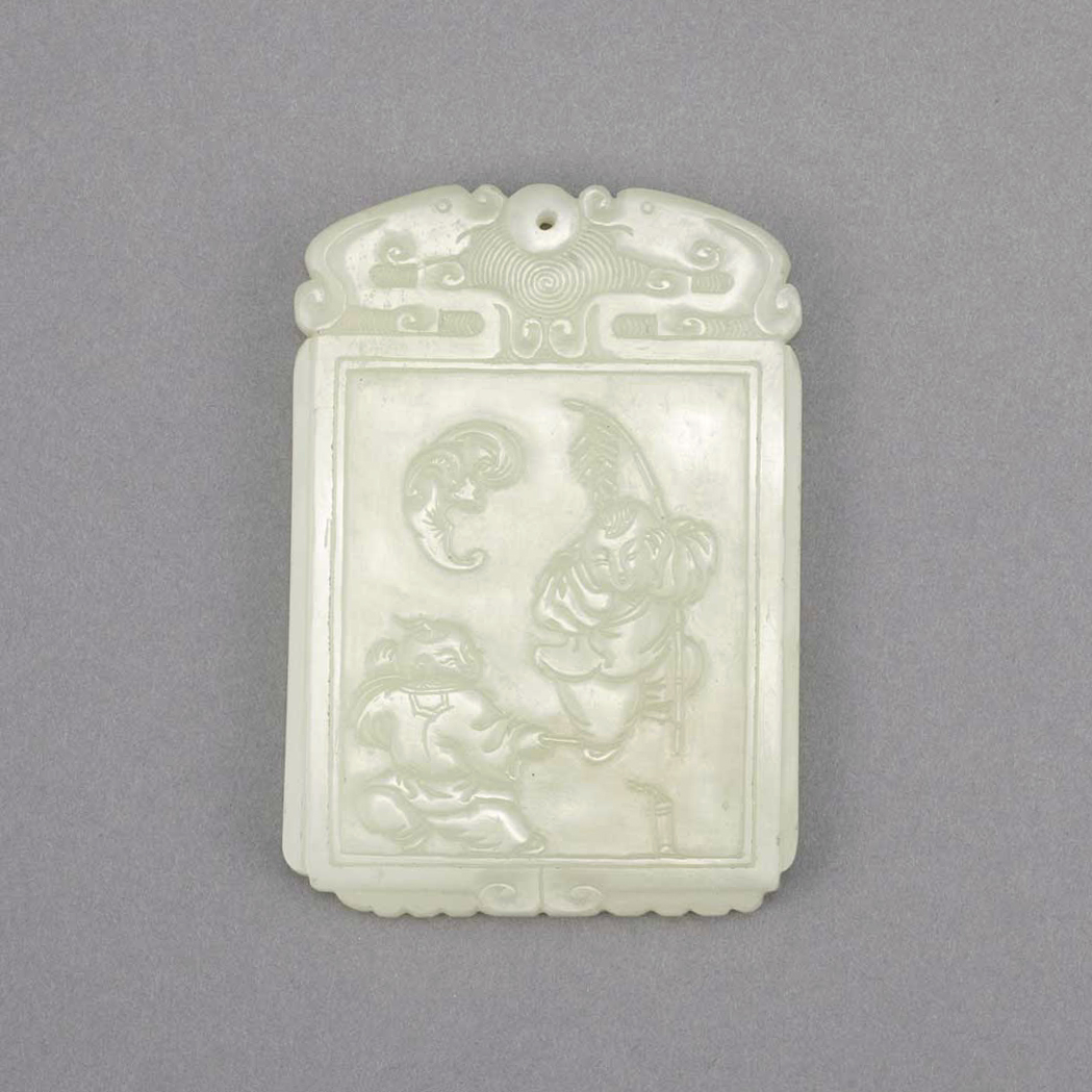 Appraisal: Chinese White Jade Plaque Of rectangular form carved on one