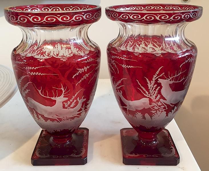 Appraisal: Pair of Bohemian urns Pair of Bohemian urns flashed red