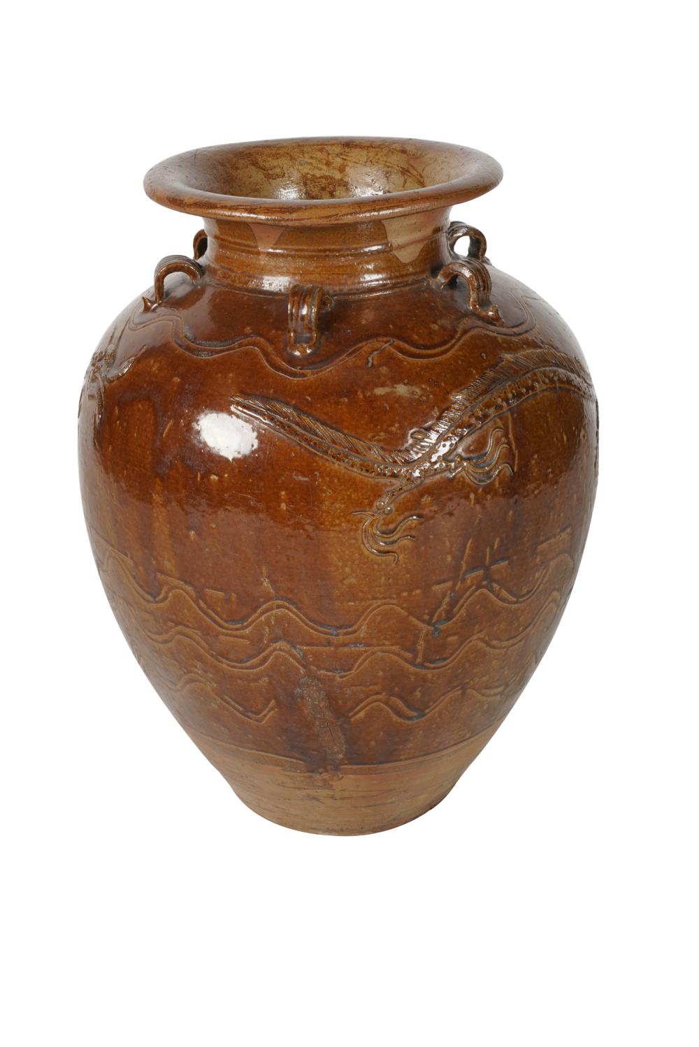 Appraisal: CHINESE-STYLE BROWN-GLAZED CERAMIC JARmarked to underside relief-decorated with two dragons