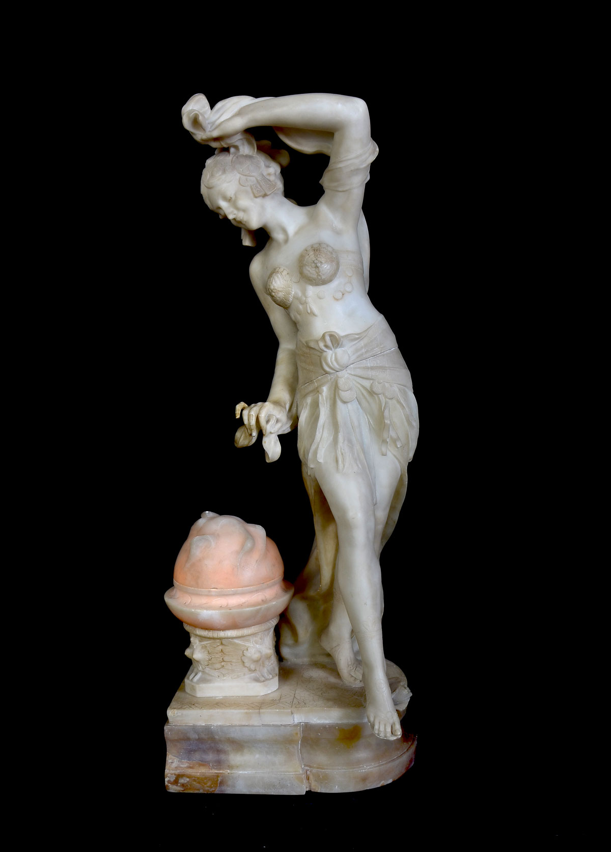 Appraisal: CARVED ALABASTER MARBLE FIGURAL NOUVEAU LAMP Female Harem Dancer ''