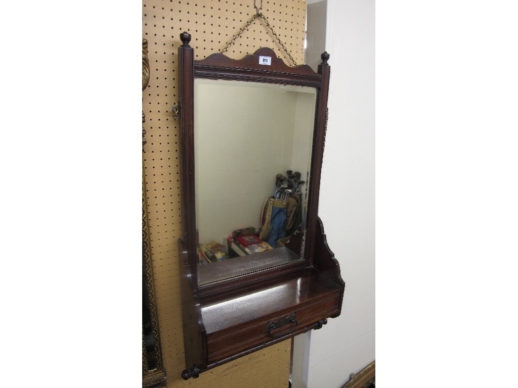 Appraisal: Edwardian mahogany wall hanging toilet mirror with towel rail