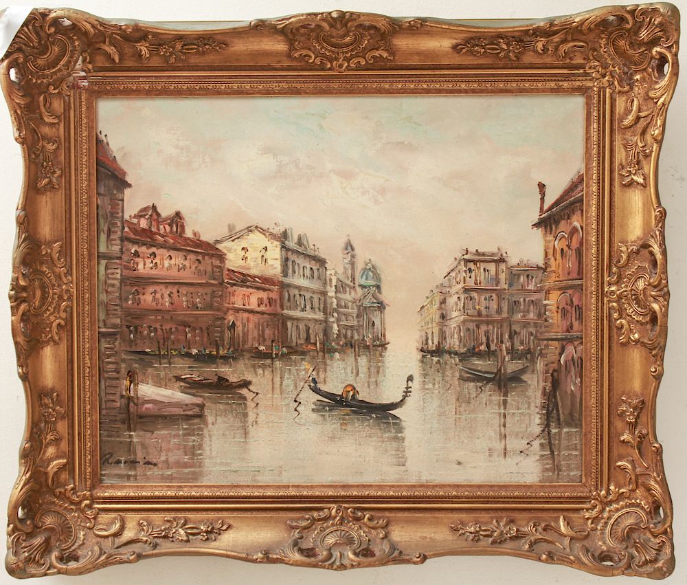 Appraisal: Italian School Gondolas Along Canal Oil Canvas Italian School th