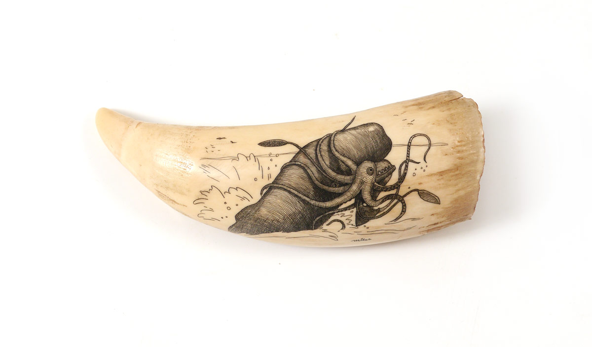 Appraisal: SCRIMSHAW WHALES TOOTH SIGNED MILES Scrimshaw tooth with scene of