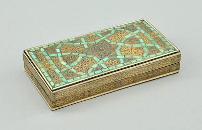 Appraisal: An Antique Signed Gold Damascened Steel and Ivory Jewel Box