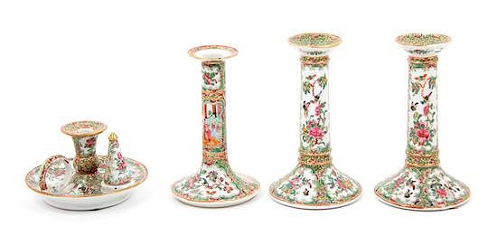 Appraisal: Four Chinese Export Canton Famille Rose Porcelain Candlesticks Height of