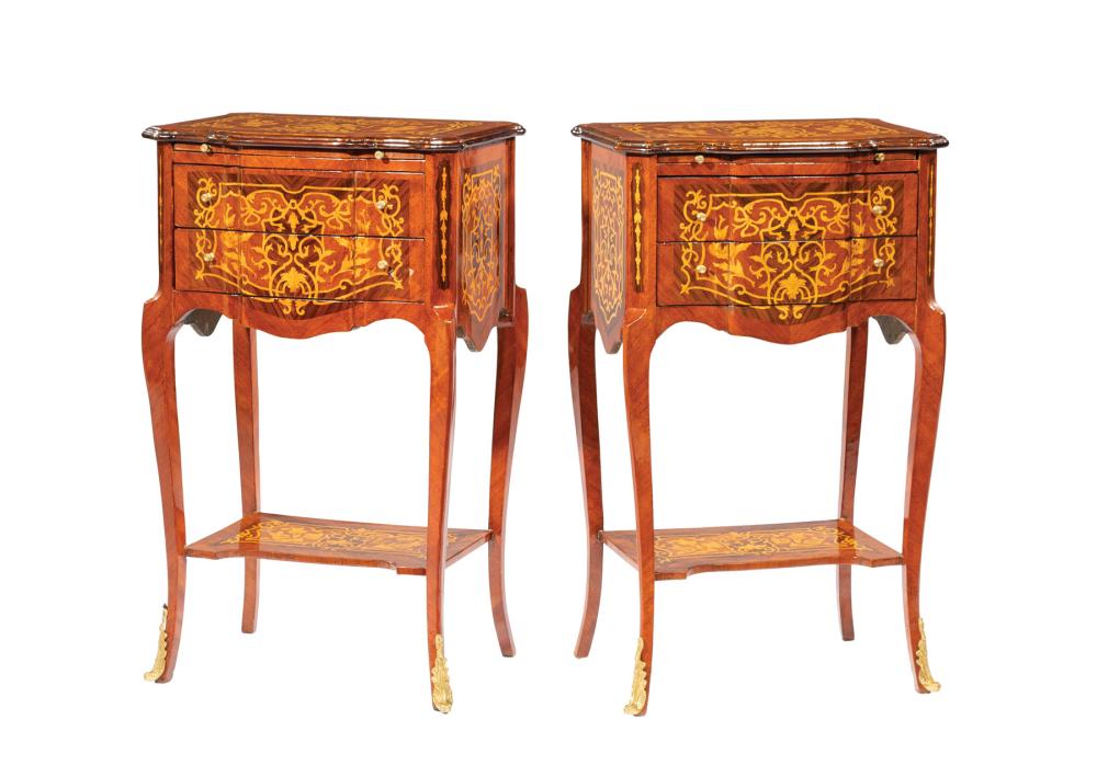 Appraisal: Pair of Louis XV XVI-Style Bronze-Mounted Parquetry and Marquetry Petite