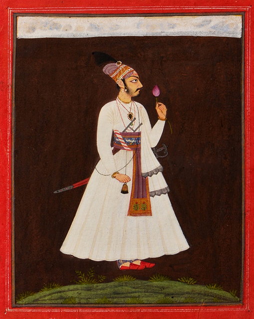 Appraisal: AN INDIAN MINIATURE BASOHLI painted with prince in traditional dress