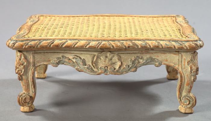 Appraisal: French Carved and Gris-de-Trianon-Painted Beechwood and Cane Footstool first quarter