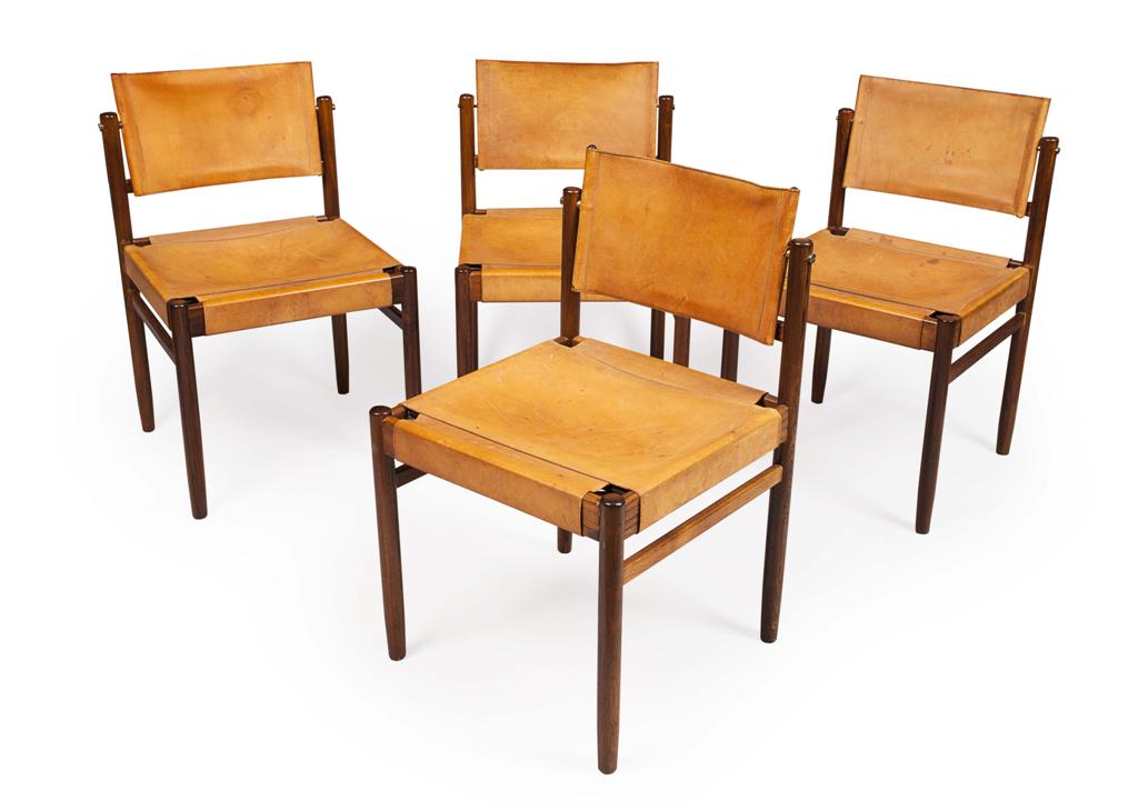 Appraisal: YDANISH SCHOOL FOUR ROSEWOOD FRAMED DINING CHAIRS CIRCA each with