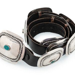 Appraisal: Southwestern-style Silver Concha Belt with Turquoise Cabochons third quarter th