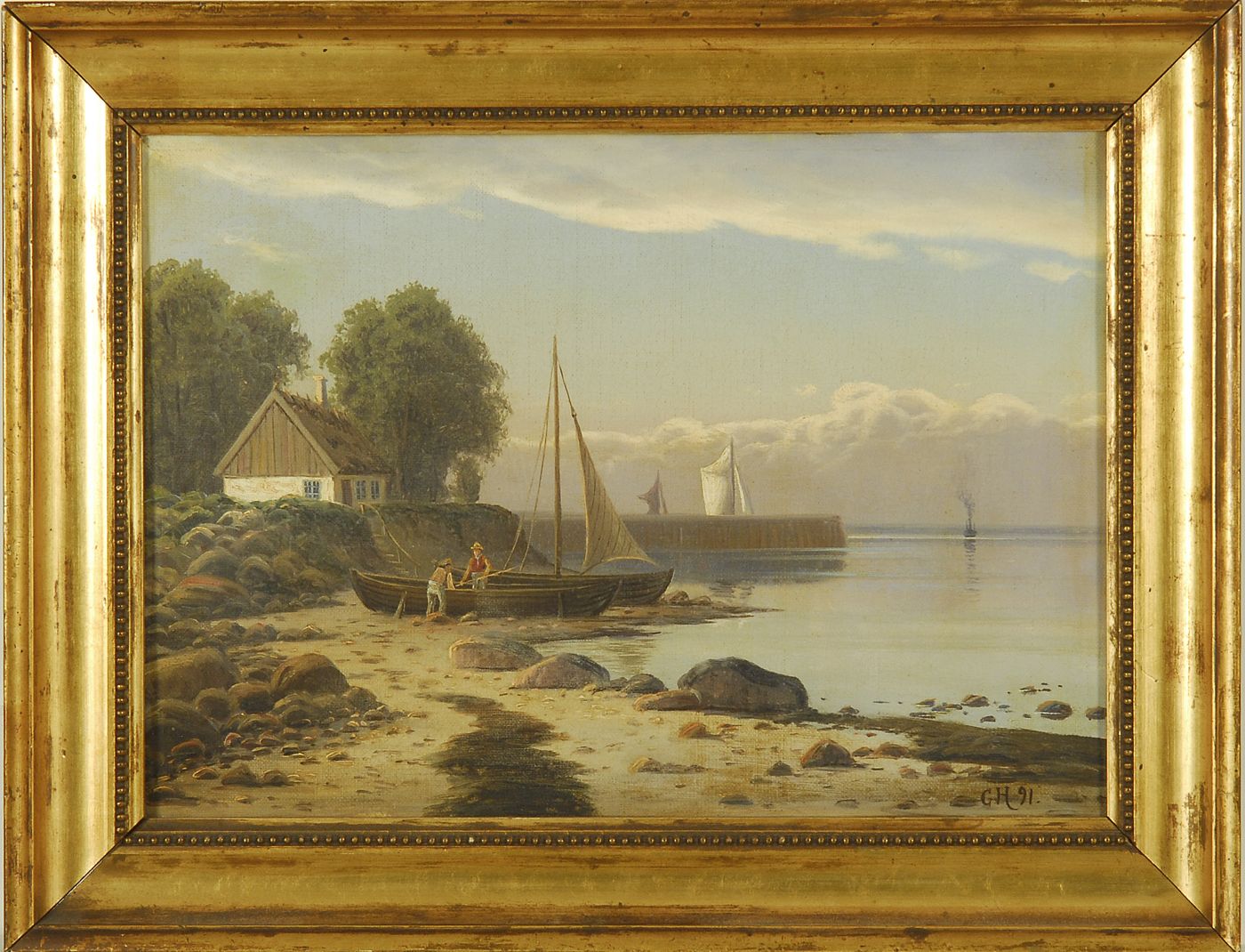 Appraisal: FRAMED PAINTING Late th CenturyLuminous harbor view with cottage and