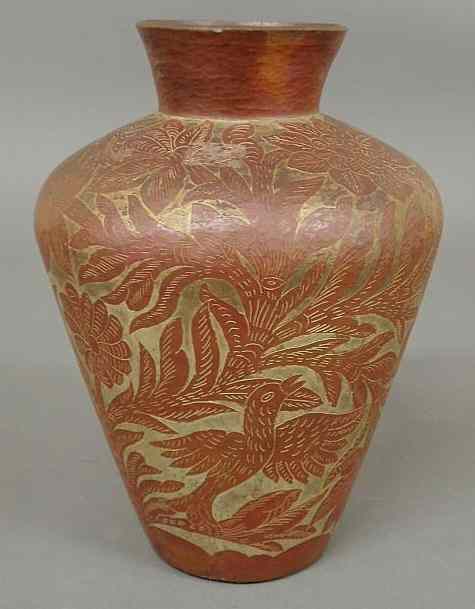 Appraisal: Hammered copper vase with incised decoration of birds and leaves