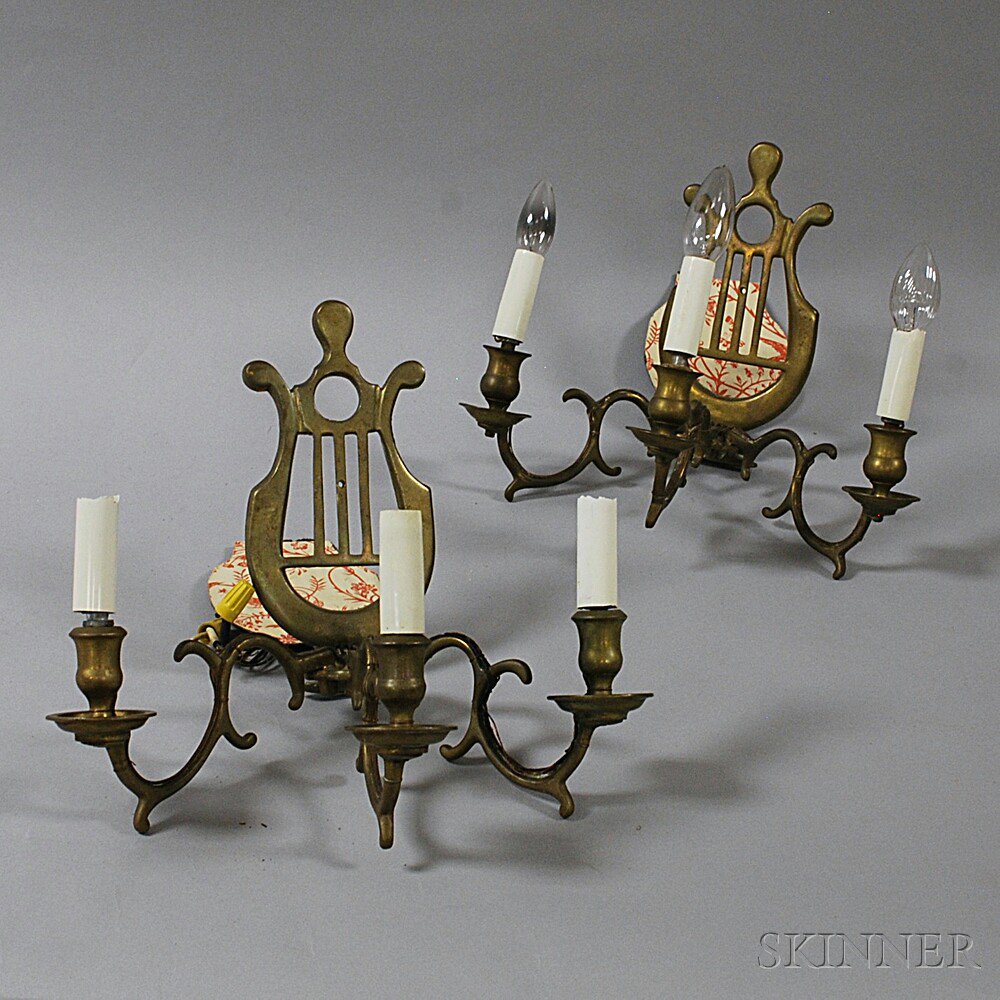 Appraisal: Pair of Brass Three-light Lyre-form Sconces th th century ht