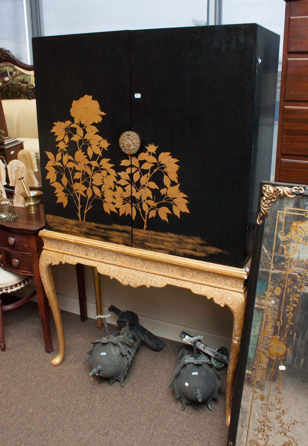 Appraisal: Oriental style cabinet with giltwood stand