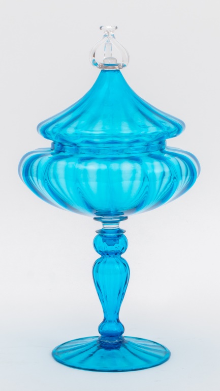 Appraisal: ITALIAN MURANO TURQUOISE GLASS LIDDED COMPOTE Italian Murano art glass