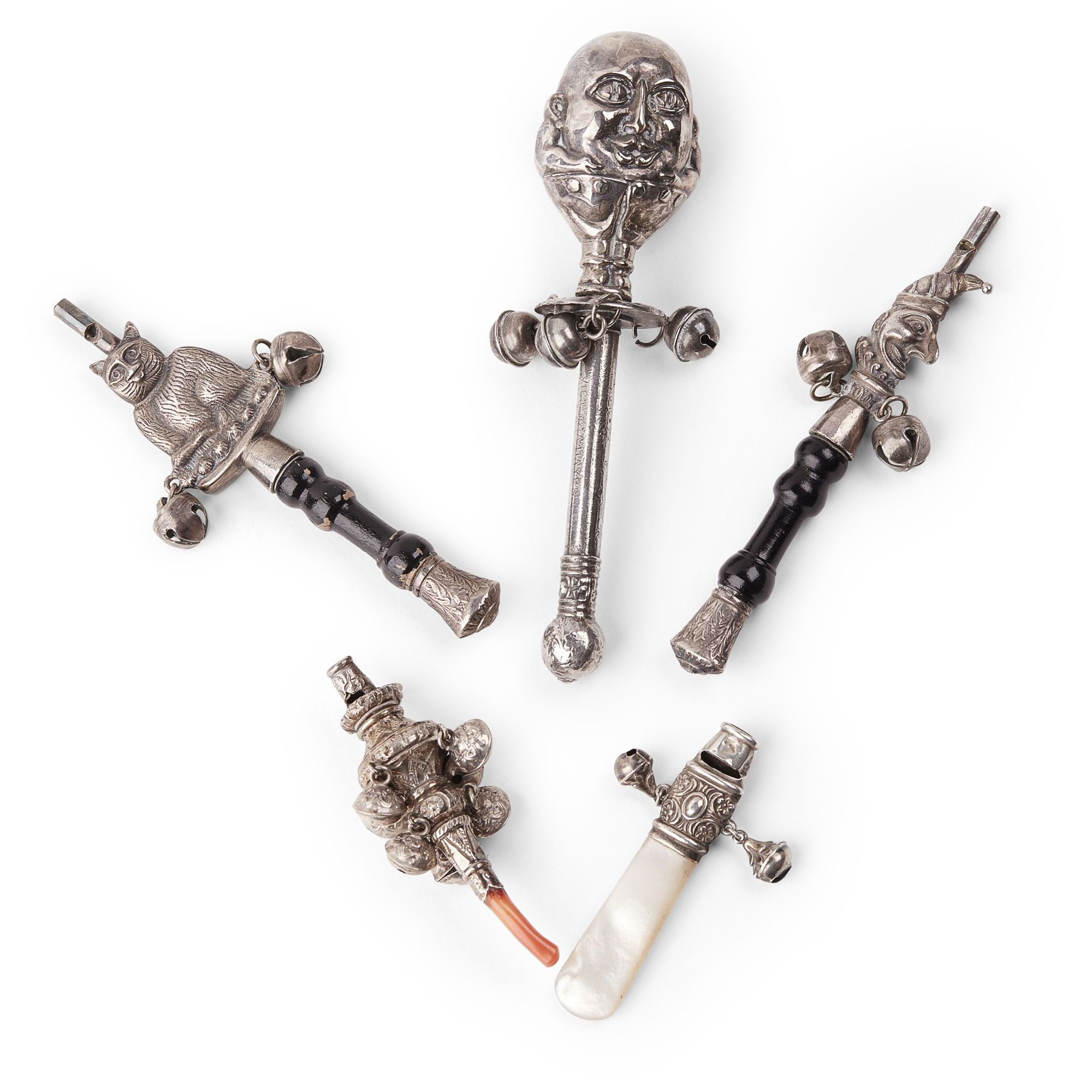 Appraisal: FIVE VICTORIAN SILVER CHILDREN'S RATTLES th Century one with a