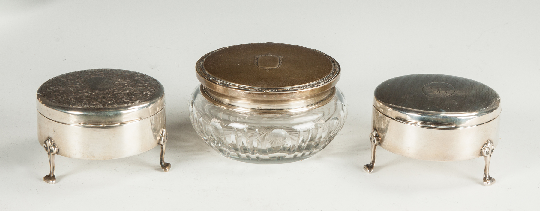 Appraisal: Two Sterling Boxes A Sterling Glass Dresser Jar Early th