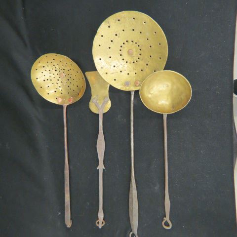 Appraisal: Early Iron Brass Fireplace Utensils skimmers ladle spatula largest is