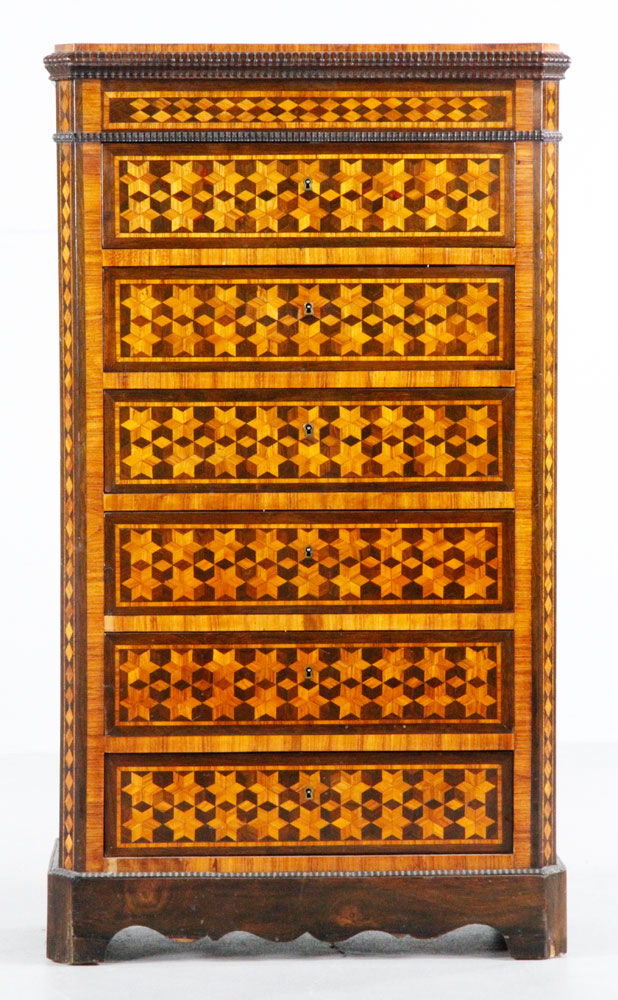 Appraisal: - th th C Tall Marquetry Chest of Drawers Late