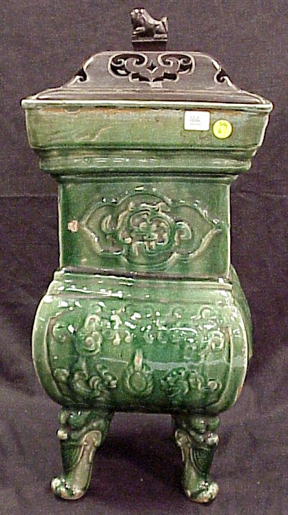 Appraisal: Chinese pottery censer th C dark green glaze wooden lid