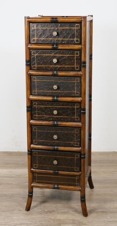 Appraisal: Faux bamboo and leather lingerie chest th century drawers with