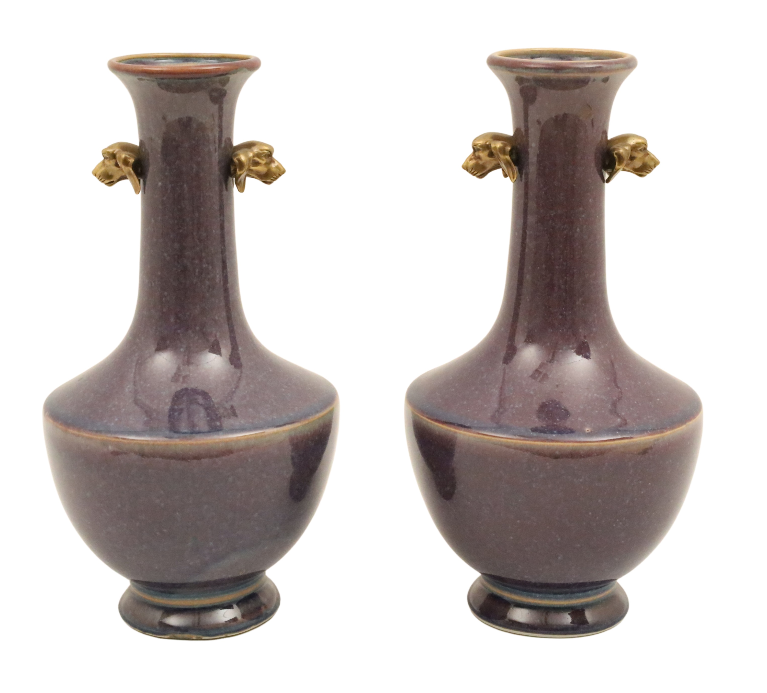 Appraisal: Pair of purple porcelain vases with brass dog handles Althorpe